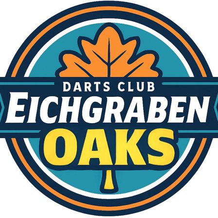 Das Logo des Eichgraben Oaks Darts Club zeigt einen blauen Kreis mit einem gelben Blatt oben und dem Clubnamen in weiß.