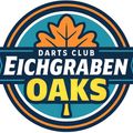 Das Logo des Eichgraben Oaks Darts Club zeigt einen blauen Kreis mit einem gelben Blatt oben und dem Clubnamen in weiß.