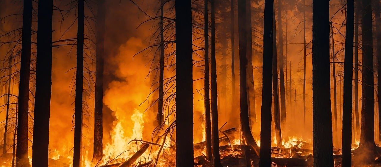 Ein Waldbrand brennt Bäume und Laub, wobei eine rauchige Atmosphäre mit hellen orangefarbenen Flammen entsteht.