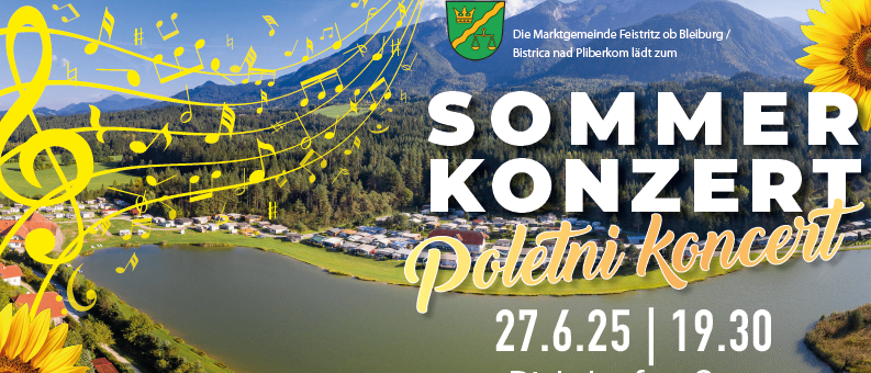 Ein Plakat für ein Sommerkonzert mit einem See, Bergen und Sonnenblumen. Es zeigt einen Chor, eine Tamburitza-Gruppe und eine Trompetenband. Die Veranstaltung ist kostenlos und findet am 27. Juni um 19:30 Uhr am Pirkdorfer See statt.