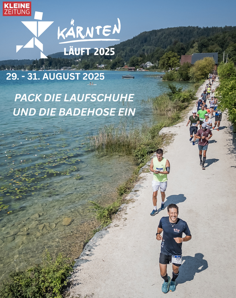 Das Poster bewirbt den Karnten Lauf 2025, geplant für den 29. bis 31. August 2025. Es zeigt Läufer auf einem Pfad am Wasser, mit Bergen im Hintergrund.