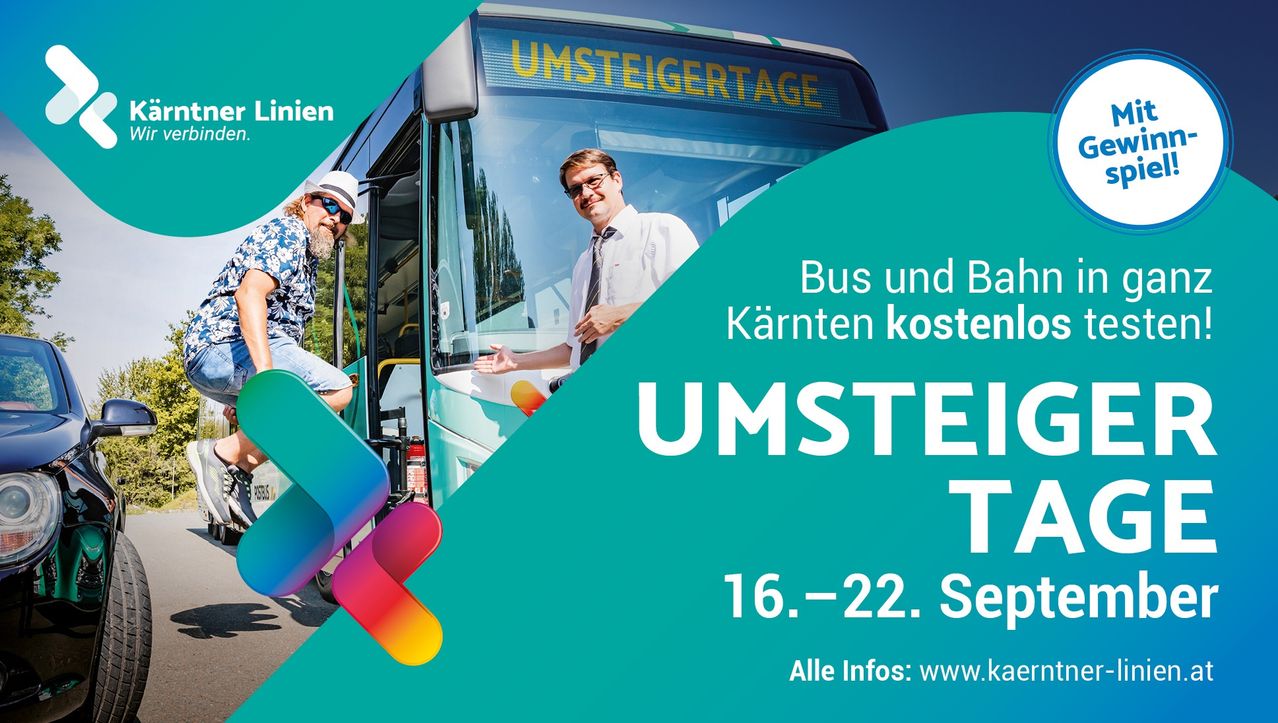 Zwei Männer in einem Bus mit 'Umsteigertage' darauf. Das Datum 16-22 ist sichtbar, und der Text 'Bus und Bahn Kärnten kostenlos' wird angezeigt.