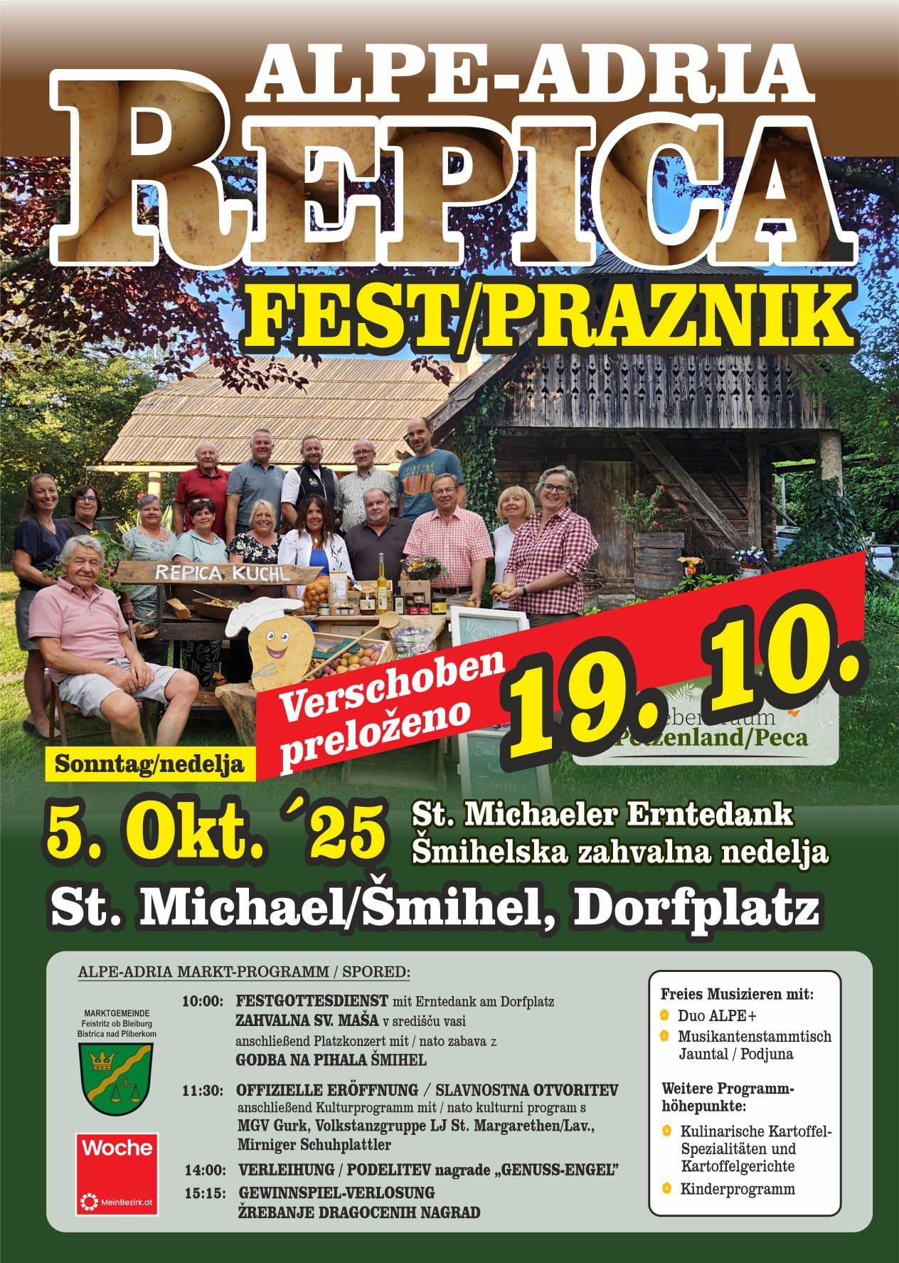 Plakat für das Repica Fest. Es zeigt eine Gruppe von Menschen um einen Tisch mit Kartoffeln. Das Datum ist 5. Oktober 2025. Kostenlose Musiker spielen.