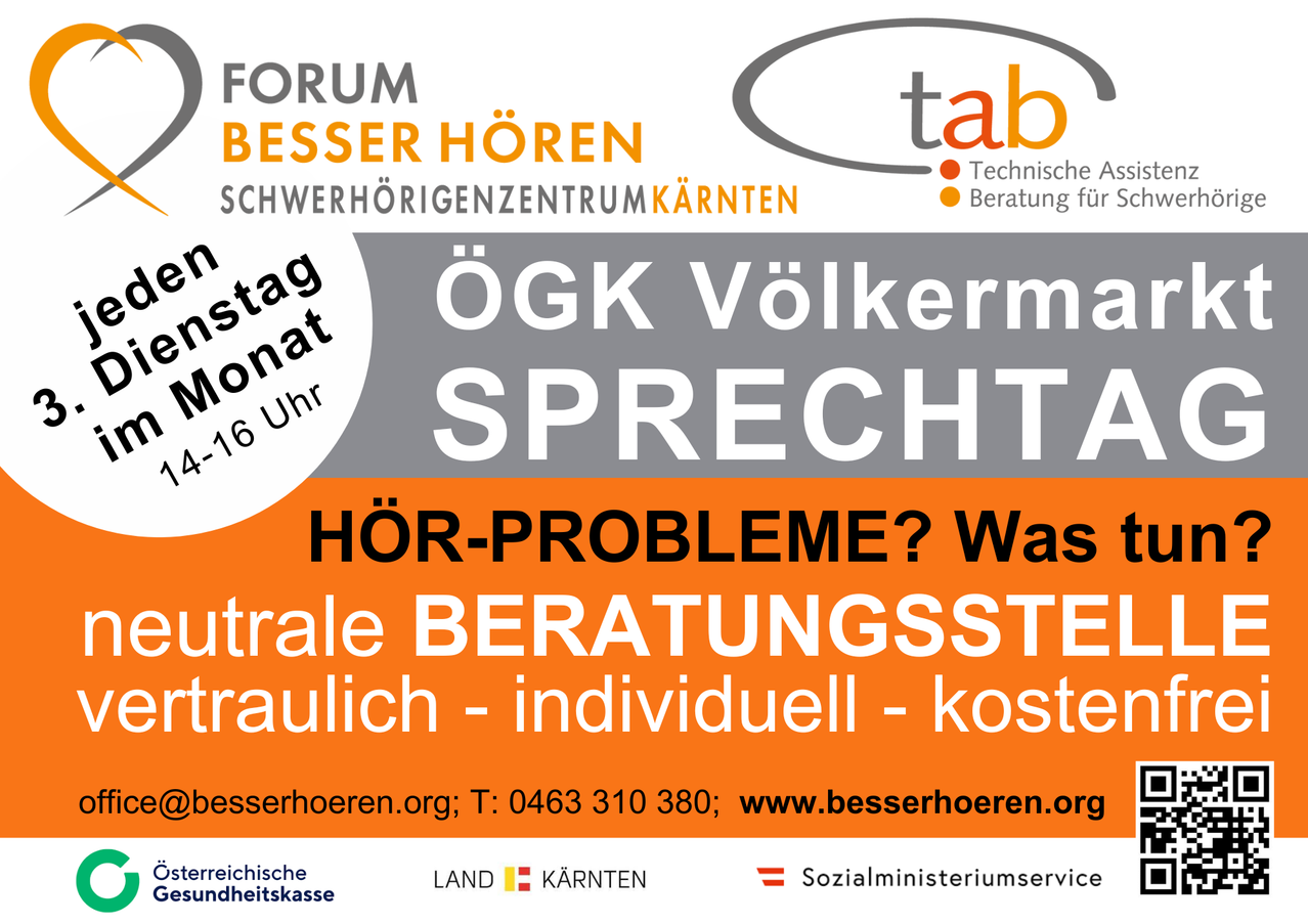 Eine Werbung für das 'Forum Besser Hören'-Event, mit einem Logo, das den Text 'tab' und 'Technische Beratung für Schwerhörigenzentrum Kärnten' enthält. Das Event ist für ein bestimmtes Datum und eine Uhrzeit geplant, mit Details zu neutralen und individuellen Beratungsdiensten. Kontaktinformationen und Website sind angegeben.