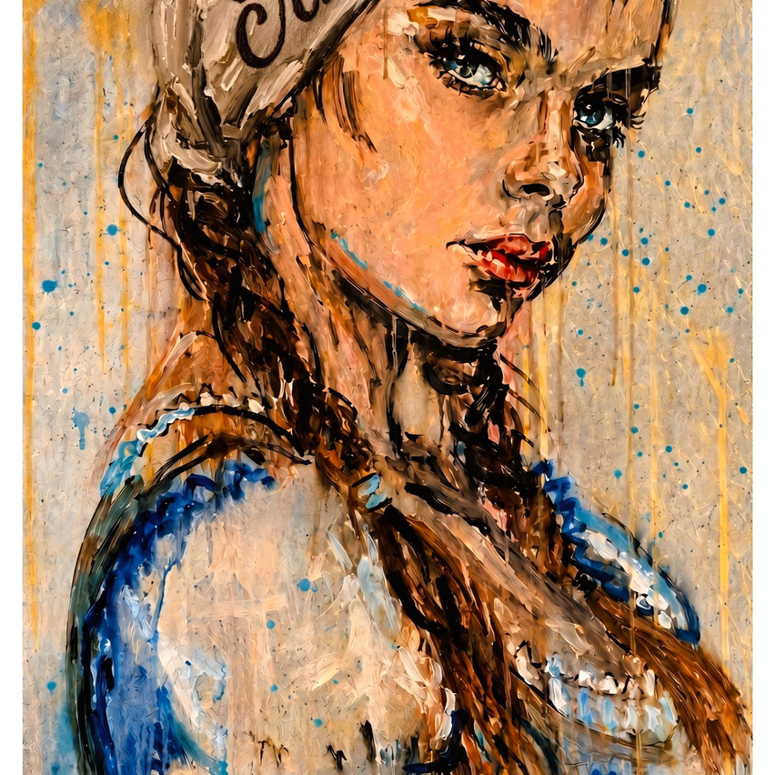 Ein abstraktes Gemälde einer Frau mit blauen Augen, die eine weiße Kappe mit dem Wort 'June' trägt. Das Gemälde ist in einer Mischung aus blauen, braunen und gelben Farben gehalten.