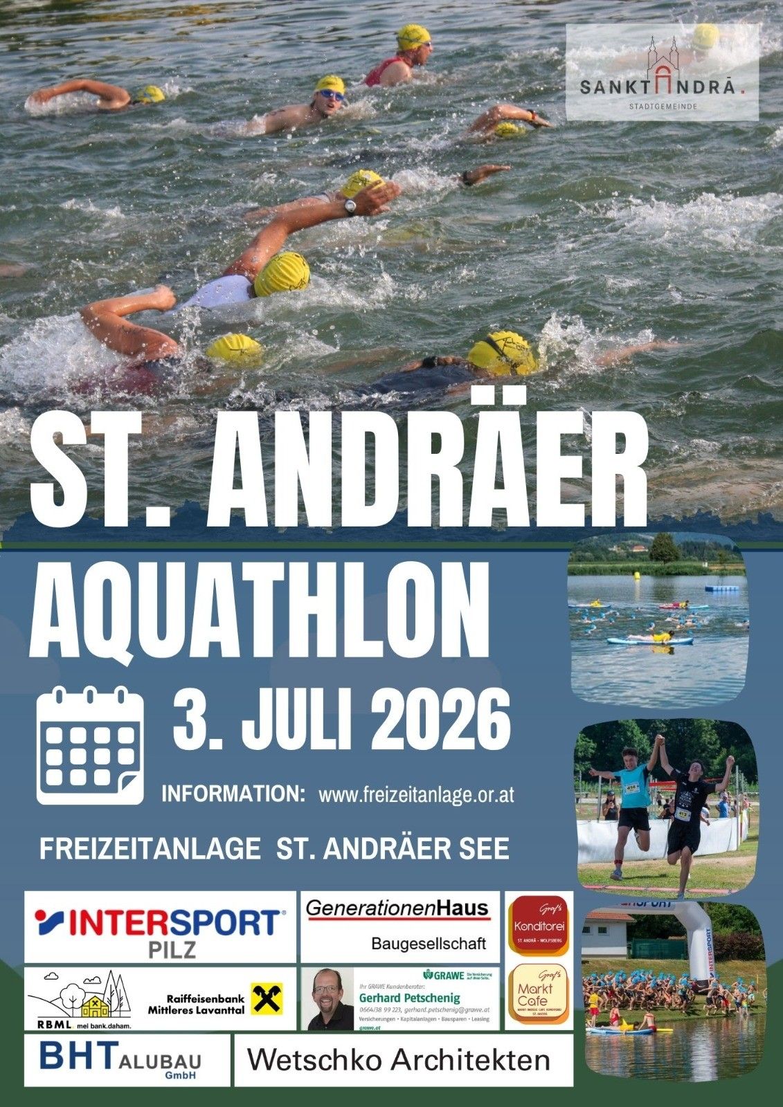 Ein Plakat für den St. Andräer Aquathlon am 3. Juli 2026 mit Schwimmern im Wasser und Läufern an Land. Besuchen Sie www.freizeitanlage.or.at für Informationen.