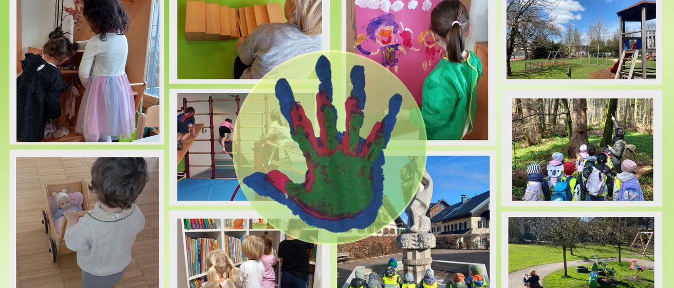 Eine Collage von Bildern, die Kinder bei verschiedenen Aktivitäten zeigt, wie Spielen auf dem Boden, Klettern, Malen, Lesen und Erkunden im Freien, mit einem grünen Handabdruck in der Mitte.
