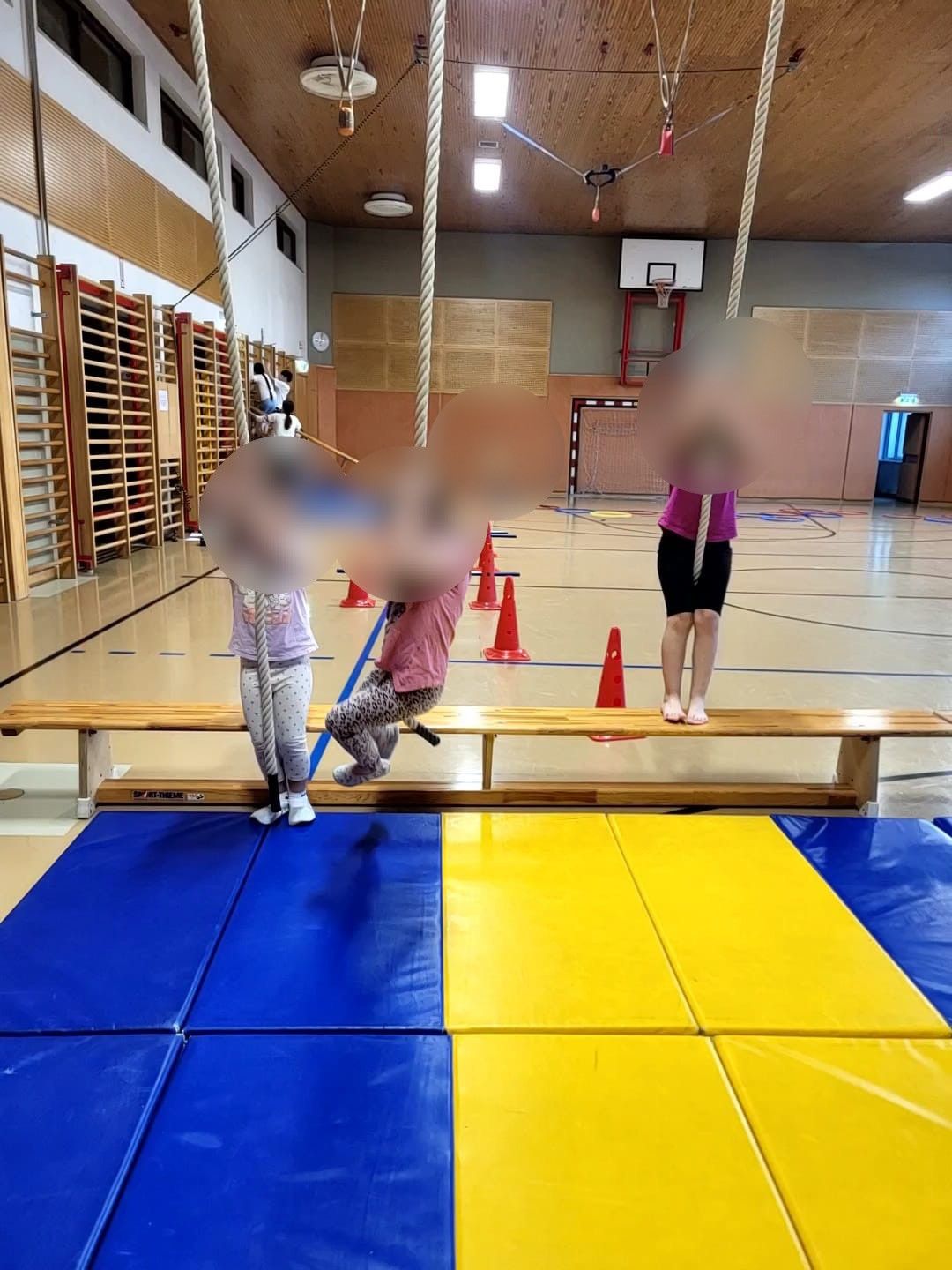 Three children are inside a gym. Two of them are climbing up ropes and the third is standing on a bench. There are exercise mats on the floor.