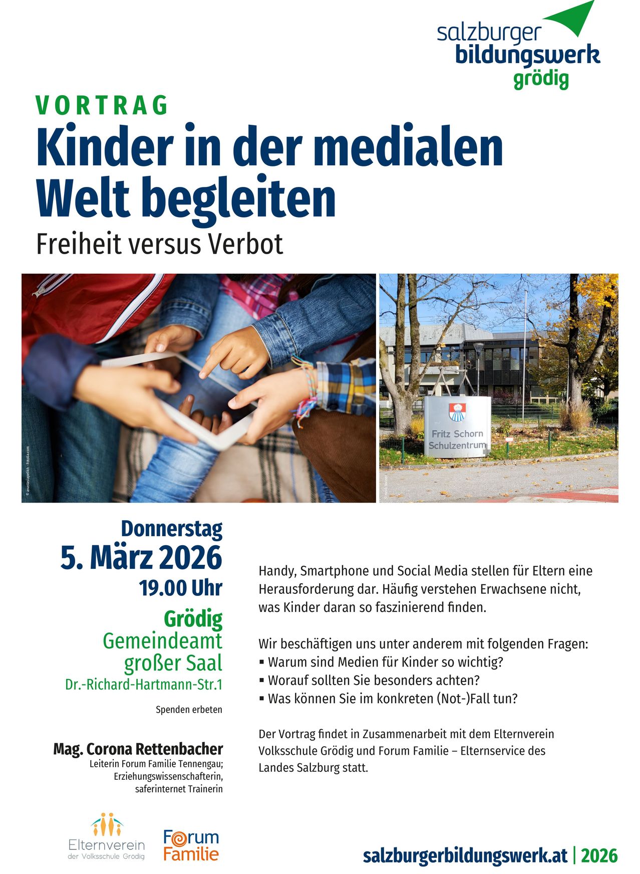 The image promotes a seminar on guiding children in the digital world, focusing on freedom vs. restriction. It features a sign in German with the title 'Children in the Media World Accompany' and a date of March 5, 2026.