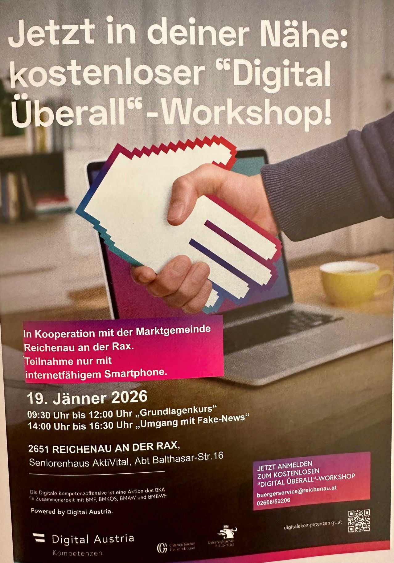 Eine Werbung für ein Workshop am 19. Januar 2026, in Zusammenarbeit mit der Gemeinde Reichenau. Der Workshop findet im Seniorenhaus AktivVital statt, mit Sitzungen über das Verstehen von Fake-News und einem Grundlagenkurs. Die Teilnahme ist nur mit einem internetfähigen Smartphone möglich.