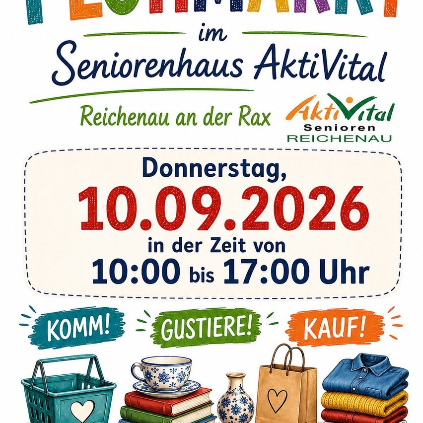 Plakat für einen Flohmarkt-Event im Seniorenhaus AktivVital Reichenau am 10.09.2026 von 10:00 bis 17:00 Uhr. Es zeigt einen Korb, Tasse, Bücher und Kleidung.