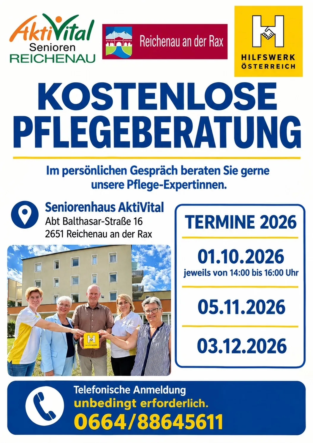 Plakat für kostenlose Pflegeberatung im Seniorenhaus AktivVital in Reichenau, Österreich. Termine sind 1. Oktober, 5. November und 3. Dezember 2026.
