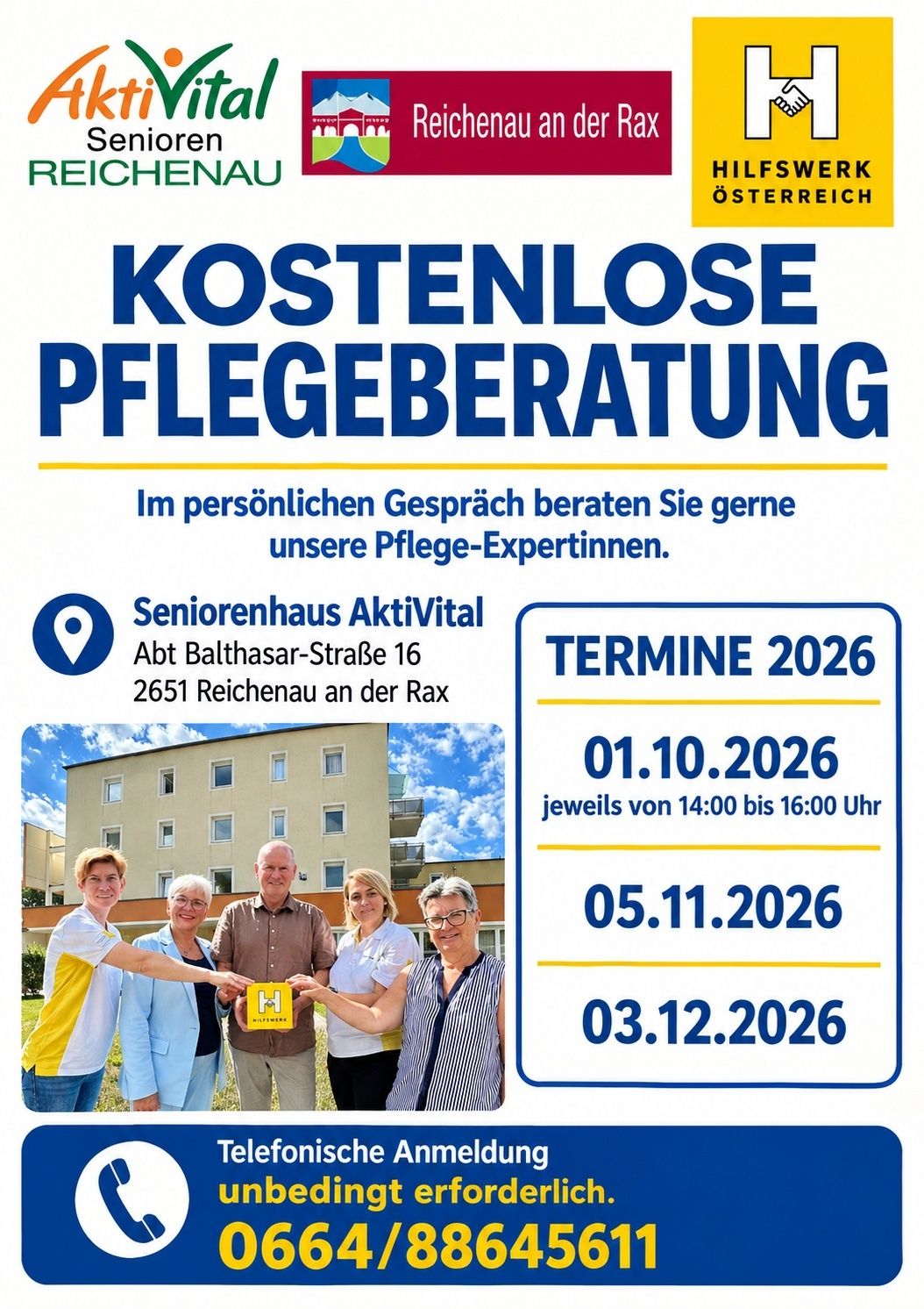 Plakat für kostenlose Pflegeberatung im Seniorenhaus AktivVital in Reichenau, Österreich. Termine sind 1. Oktober, 5. November und 3. Dezember 2026.