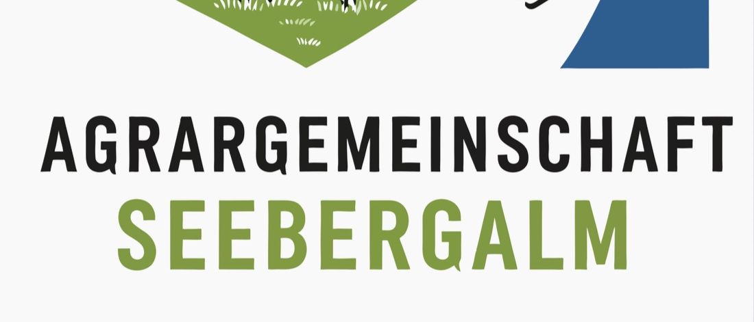 Logo der landwirtschaftlichen Gemeinschaft Seebergalm. Es zeigt eine Berglandschaft mit einem Skifahrer, einem Wanderer, Häusern und Kühen.