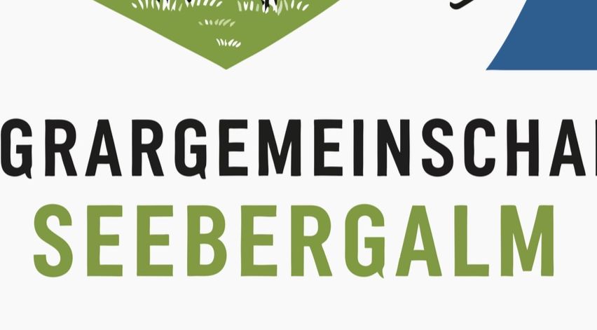 Logo der landwirtschaftlichen Gemeinschaft Seebergalm. Es zeigt eine Berglandschaft mit einem Skifahrer, einem Wanderer, Häusern und Kühen.