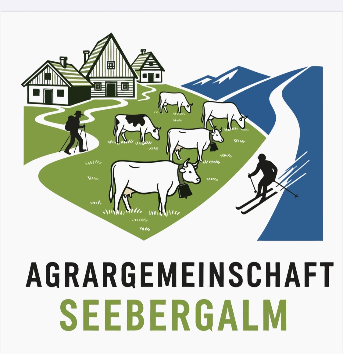 Logo der landwirtschaftlichen Gemeinschaft Seebergalm mit Kuhweide, Häusern, Bergen, einem Wanderer und einem Skifahrer.