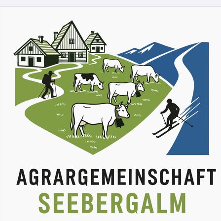 Logo der landwirtschaftlichen Gemeinschaft Seebergalm mit einer hügeligen Landschaft, Kühen und einem Skifahrer, zusammen mit einem Wanderer und Bauernhäusern.