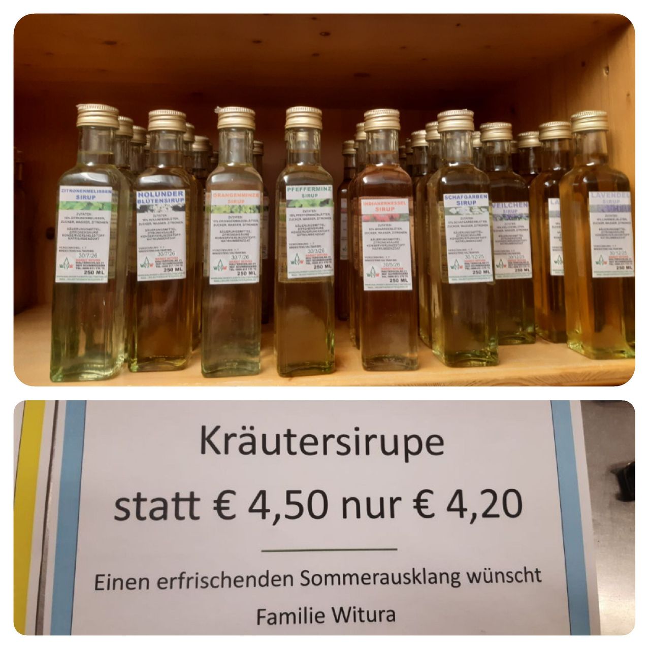 Ein Holzregal hält mehrere Flaschen Kräutersirupe. Unten befindet sich ein Schild mit einem reduzierten Preis für Kräutersirupe.