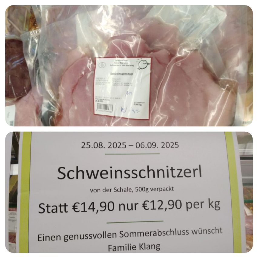 Ein Päckchen roher Schweineschnitzel mit Gewicht und Haltbarkeitsdatum. Eine Werbung für Schweineschnitzel von der Waage, 500g verpackt, mit einem Preiswechsel von €14,90 auf €12,90 pro kg.
