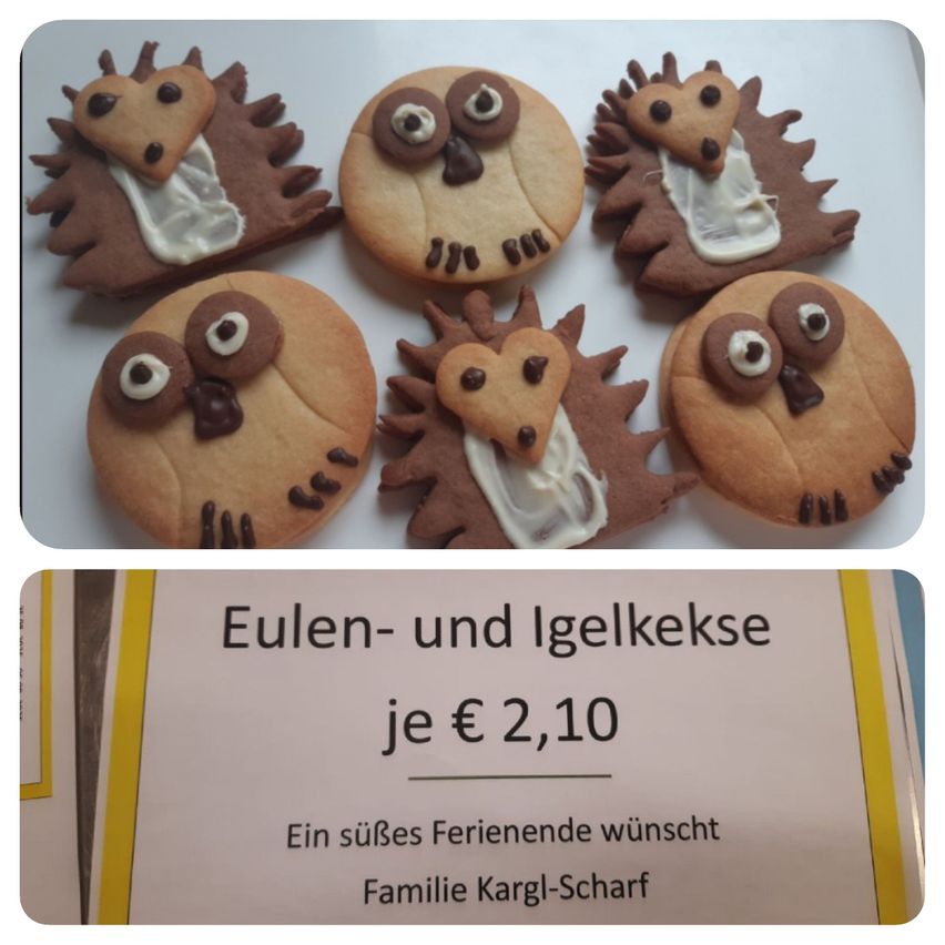Eine Collage aus dekorierten Keksen, einschließlich Igeln und Eulen, mit einem Preisschild in Deutsch darunter.