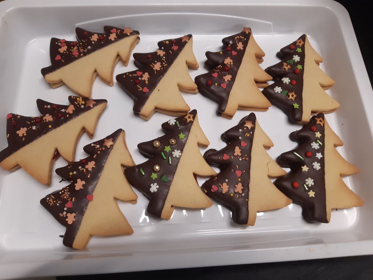 Eine Schale mit festlichen weihnachtlichen Baum-förmigen Keksen mit Schokoladenüberzug und bunten Streuseln. Die Kekse haben hellbraune Böden und dunkle Schokoladenoberseiten.