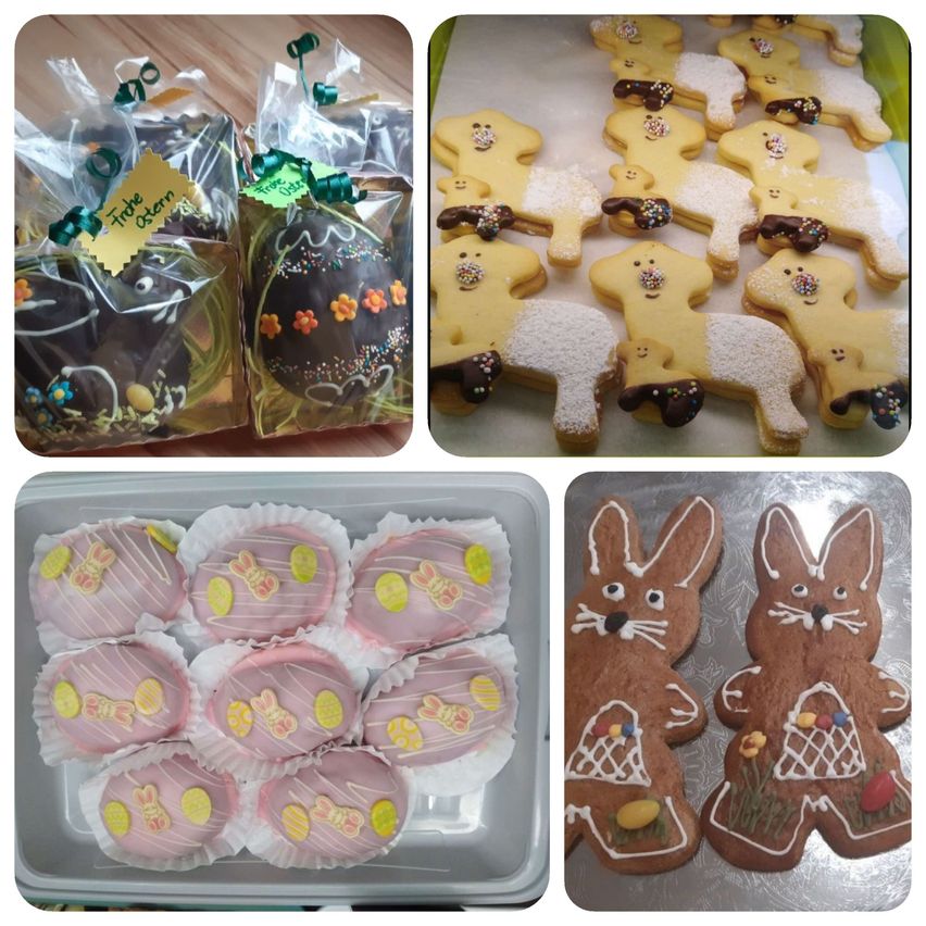 Eine Collage von Osterleckereien: Schokoladeneier, Lebkuchenmänner und rosa gefrorene Kuchen. Die Leckereien sind in Plastiktüten und Behältern ausgestellt.