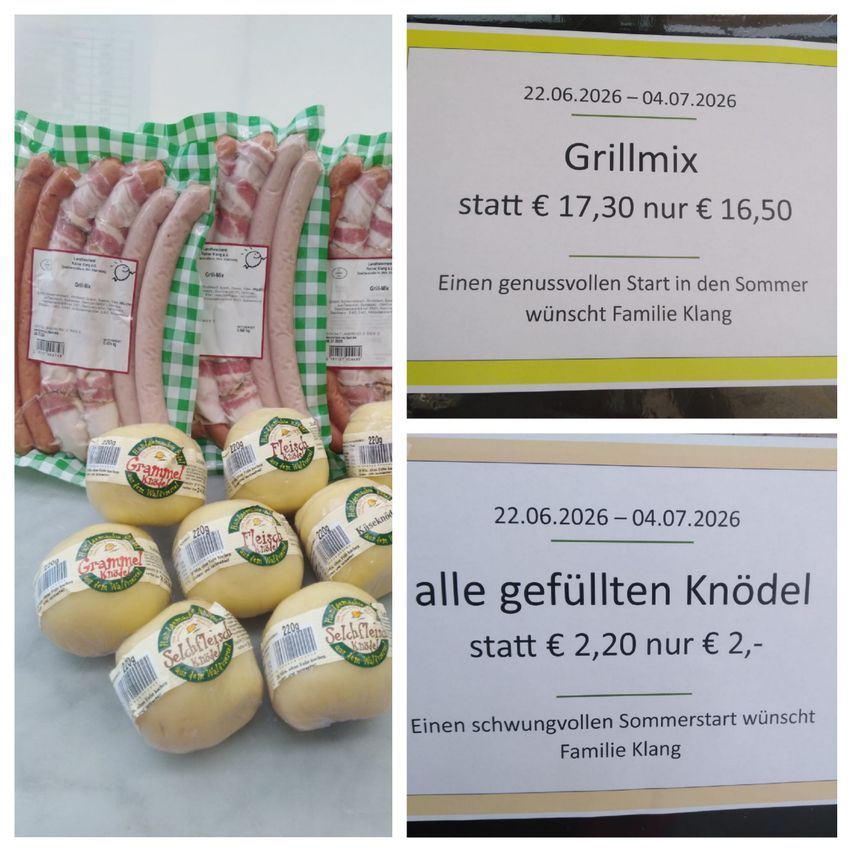 Zwei Bilder zeigen Fleischprodukte und gefüllte Kartoffeln mit Preisänderungen. Eines bietet Grillmix für 16,50 statt 17,30. Das andere bietet gefüllte Kartoffeln für 2,20 statt 2,20. Beide sind vom 22.06. bis 04.07.2026 gültig.