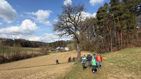 Eine Gruppe von Wanderern geht auf einem Feld mit Bäumen und einem Haus in der Ferne, unter einem teilweise bewölkten Himmel.