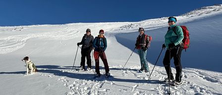 Vier Skifahrer stehen auf einem verschneiten Berg mit klarem blauem Himmel darüber, tragen Winterausrüstung und halten Skistöcke. Sie scheinen für ein Foto zu posieren.