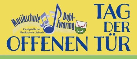 Ein Plakat für den Tag der offenen Tür einer Musikschule lädt ein, Instrumente auszuprobieren und Talente zu entdecken. Die Veranstaltung findet am 20. Juni 2026 von 10:00 bis 12:00 Uhr im Dobl-Gebäude statt.