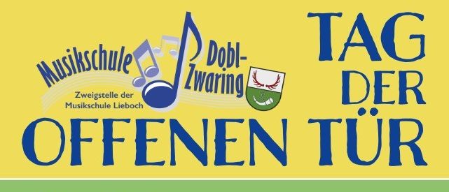 Ein Plakat für den Tag der offenen Tür einer Musikschule lädt ein, Instrumente auszuprobieren und Talente zu entdecken. Die Veranstaltung findet am 20. Juni 2026 von 10:00 bis 12:00 Uhr im Dobl-Gebäude statt.