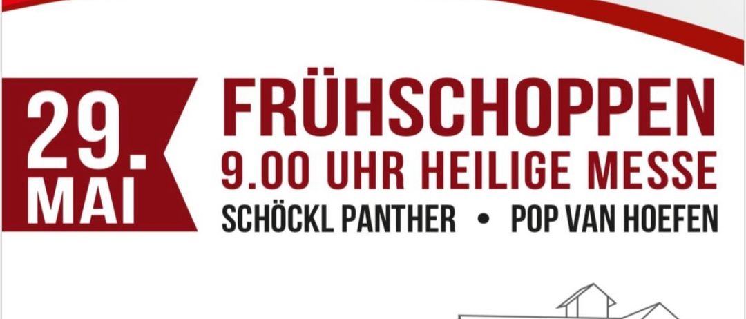 Ein Plakat für ein Fest am 29. Mai. Es beinhaltet eine heilige Messe um 9:00 Uhr, Schockl Panther und Pop van Hoefen. Es beinhaltet auch die Kleinjemering-Soffatten Freiwillige Feuerwehr.