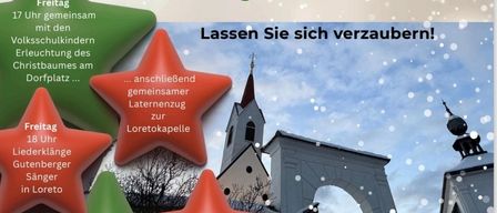 Advertisement for Loretokapelle features star-shaped icons with event details and a church in the background. Events include joint activities with elementary school children, a lantern procession, and performances by Gutenbger Sanger and Wolfgang Friedl. Dates and times are provided.