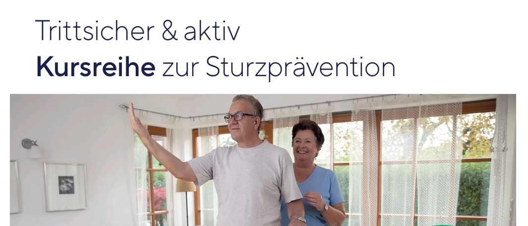 Ein Bild bewirbt einen kostenlosen Kurs zur Sturzprävention. Es zeigt einen älteren Mann und eine ältere Frau, die Gleichgewichtsübungen praktizieren. Der Text betont die Bedeutung von Kraft, Balance und Reaktionsfähigkeit. Der Kurs dauert 12 Wochen mit Sitzungen am Mittwoch. Die Gruppengröße beträgt 8 bis 10 Personen. Der Kurs beginnt am 4. Februar 2026 von 9 Uhr bis 9:50 Uhr im Gemeindeamt Gutenberg - Dorfplatz 2, 8164 Gutenberg.