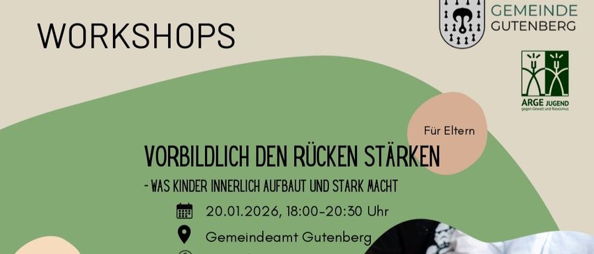 Plakat für eine Reihe von Veranstaltungen für Kinder und Eltern. Es beinhaltet Rückenstärkung, magisches Beisammensein und Improvisationstheater. Daten, Zeiten und Orte sind angegeben.