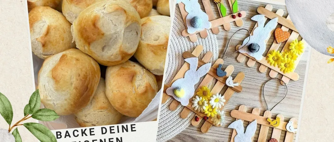 Ein Plakat für ein Osterevent mit einer Stapel von Brot und Osterbasteleien. Der Text lädt ein, eigene Osterkreationen zu backen und Dekorationen zu basteln. Datum und Uhrzeit sind 28. März 2026, um 15:30 Uhr.