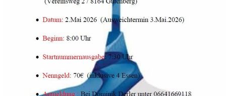 Einladung zum 1. Straßentennisturnier des BV Schocklgebiet. Ort: Stocksportanlage Gutenberg. Datum: 2. Mai 2026 (Alternativer Termin: 3. Mai 2026). Beginn: 8:00 Uhr. Anmeldeschluss: 20.04.2026.