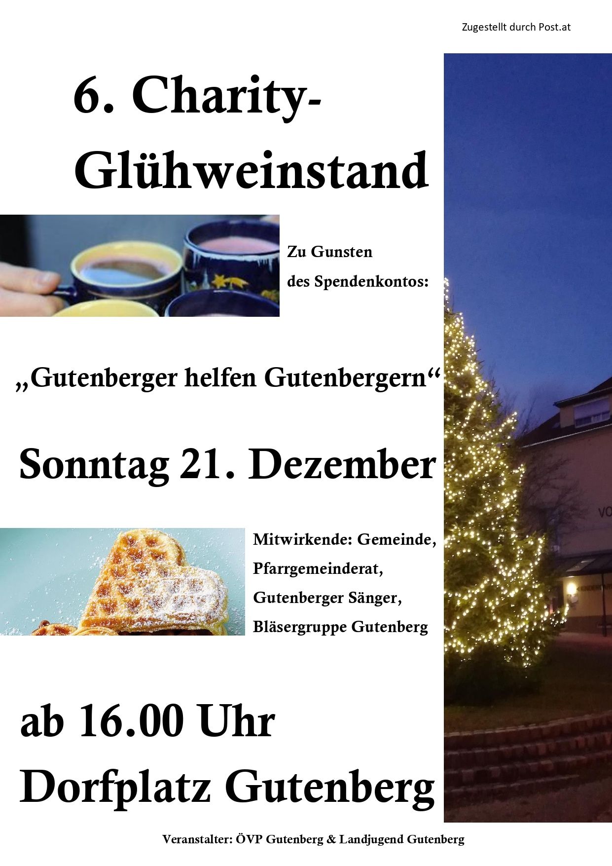 Ein Plakat für einen 'Glühweinstand'. Es zeigt Hände mit Tassen, einen Weihnachtsbaum und den Slogan 'Gutenberger helfen Gutenbergern.' Eventdetails sind Sonntag, 21. Dezember, und Zeit, 16.00 Uhr.
