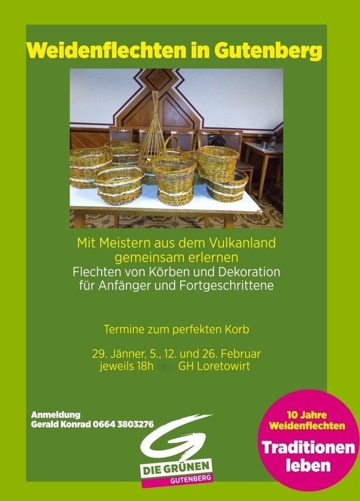 An advertisement for a basket weaving workshop in Loretowirt with dates and contact information displayed. Baskets are neatly arranged on a table.
