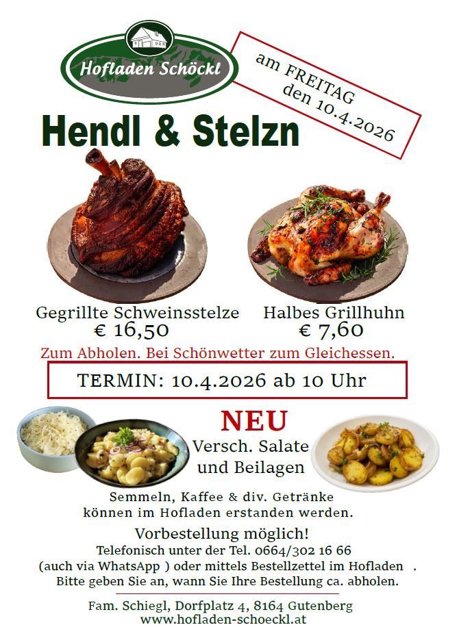 Ein Werbeplakat von Hofladen Schockl zeigt zwei Fleischgerichte, einen Schweinebraten und ein halbes gegrilltes Huhn. Der Schweinebraten kostet 16,50 Euro und das Huhn 7,60 Euro. Die Veranstaltung ist für den 10. April 2026 ab 10 Uhr geplant.