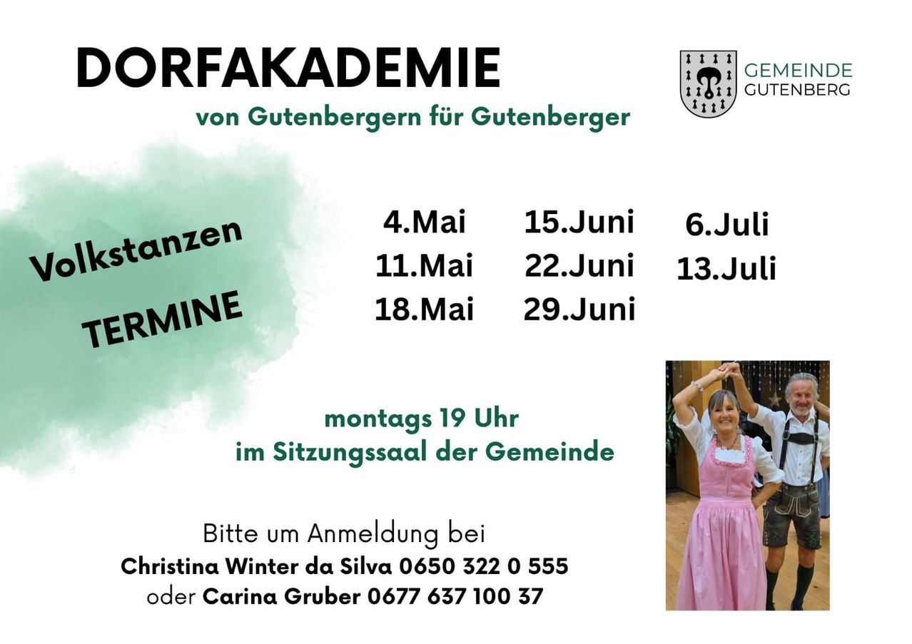 Poster for Dorfakademie with dates and contact info. It mentions meetings on Mondays at 7pm, and provides two phone numbers for registration.