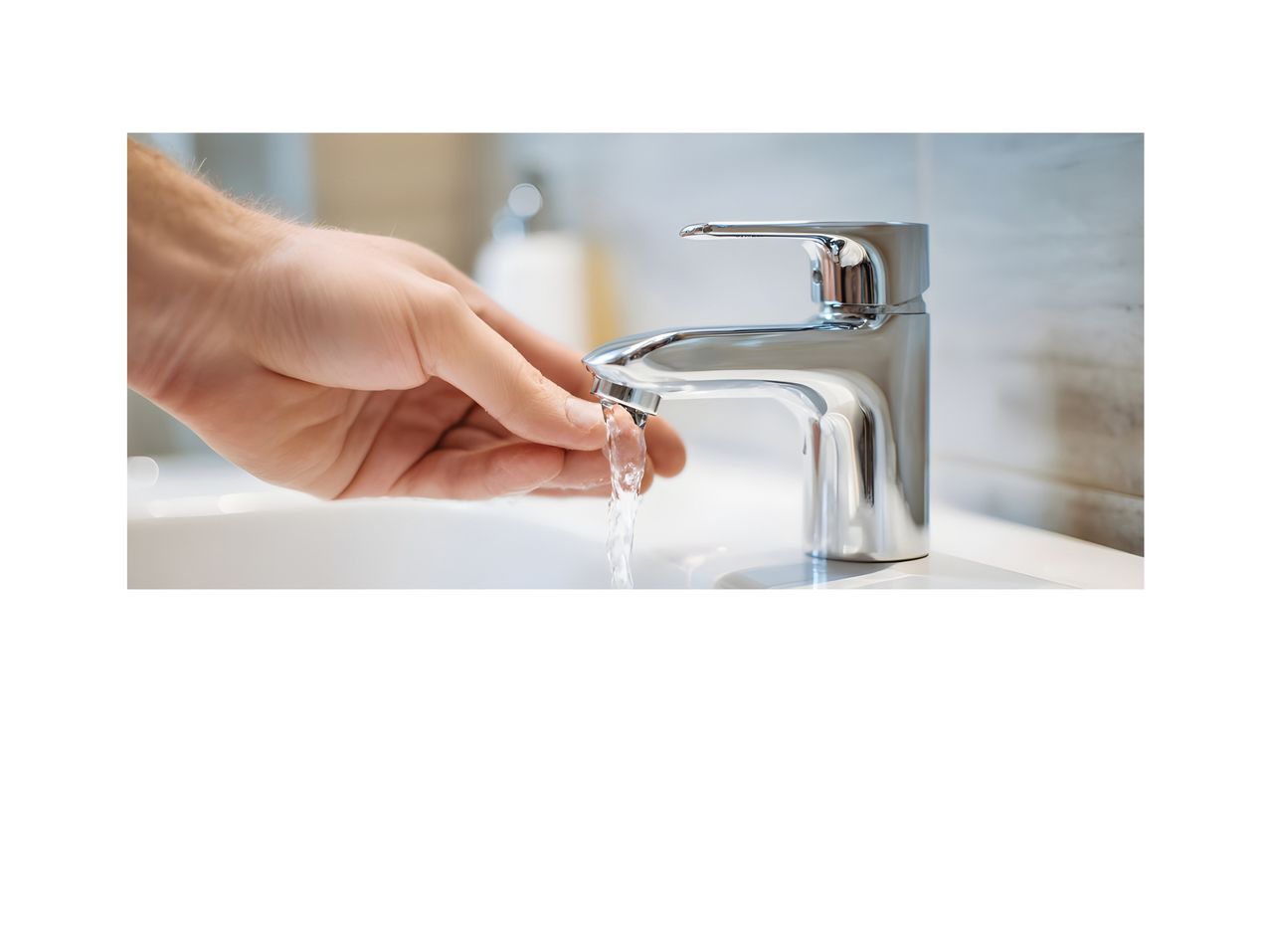 A person is washing their hands under a faucet with water flowing. The sink is white.