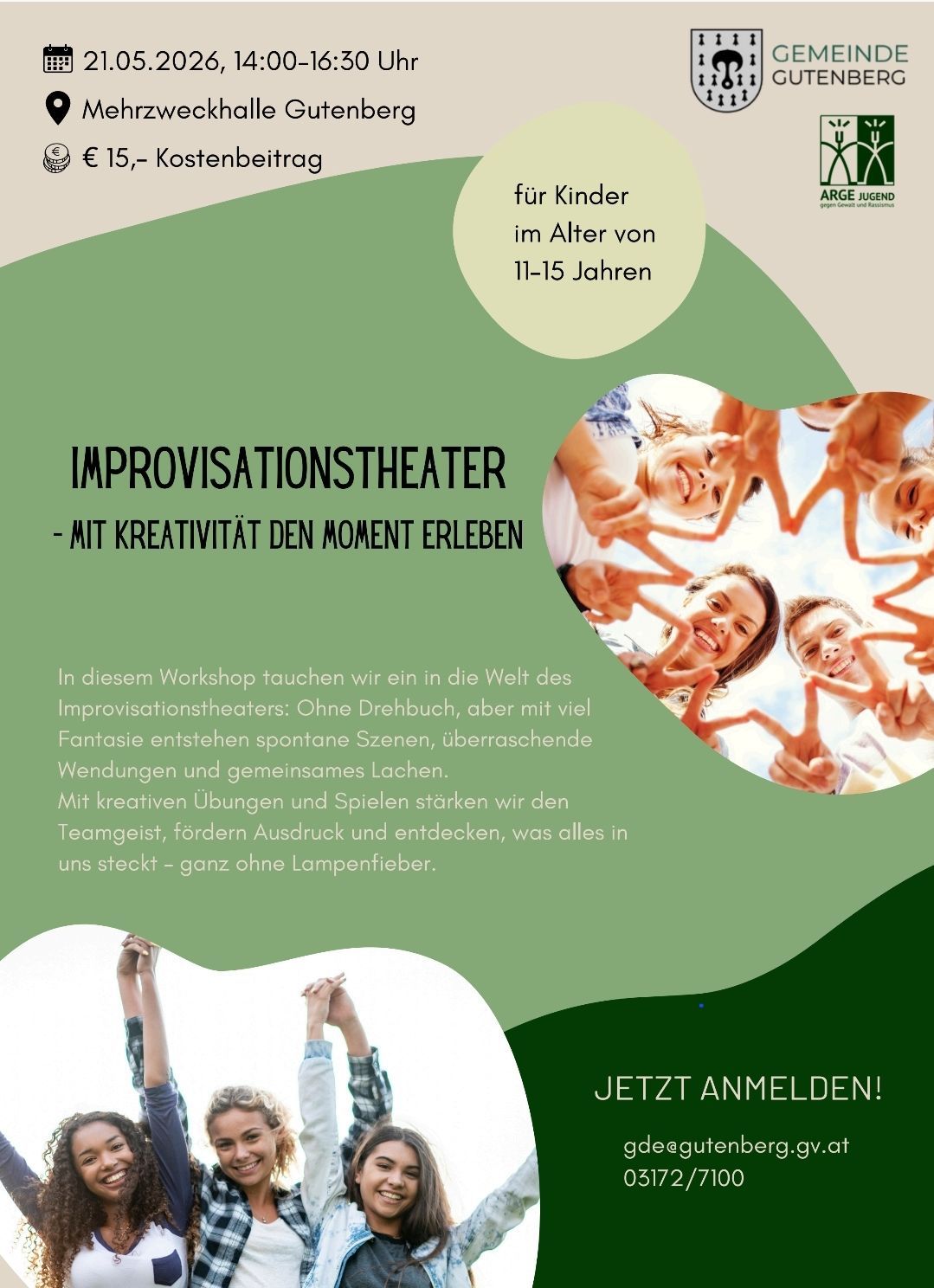 An advertisement for an improvisational theater workshop for children aged 11-15. The poster features happy children in a circle with hands raised in a V sign. It encourages joining the workshop to experience creativity.