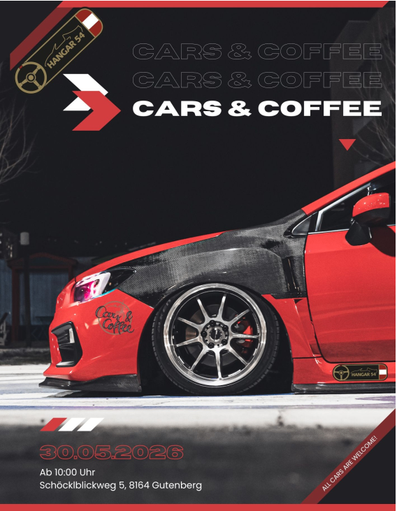 Plakat für Cars & Coffee-Event. Roter Sportwagen auf der Straße, 'CARS & COFFEE' Text, Datum 30.05.2026, Ort Gutenberg.