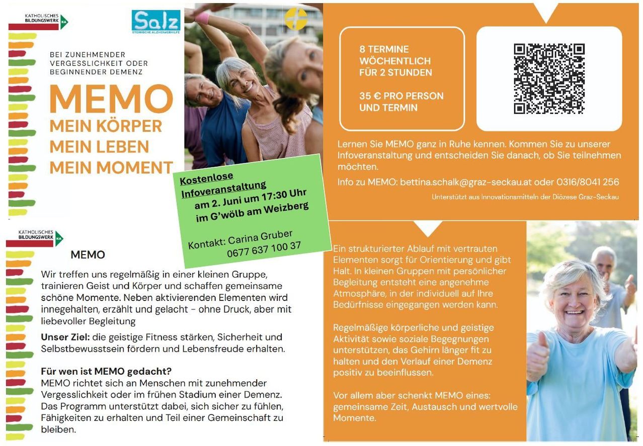 MEMO: ein strukturierter Ablauf mit vertrauten Elementen sorgt für Orientierung und gibt Halt. Regelmäßige körperliche und geistige Aktivität sowie soziale Begegnungen unterstützen das Gehirn länger fit zu halten und den Verlauf einer Demenz positiv zu beeinflussen. Vor allem aber schenkt MEMO eines: gemeinsame Zeit, Austausch und wertvolle Momente.