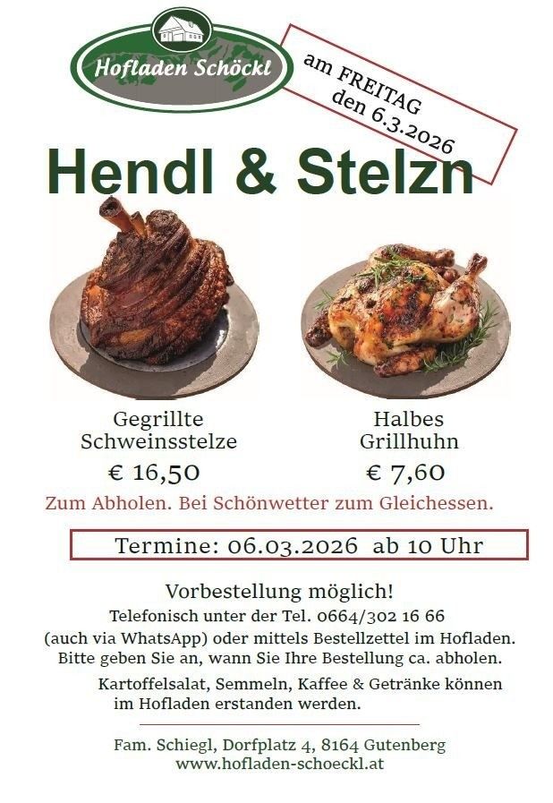The image shows an advertisement for grilled meats, featuring a grilled pork knuckle and a half grilled chicken. The price is 16.50 for the pork and 7.60 for the chicken. Orders can be made on Friday, March 6, 2026. Pre-orders are possible.