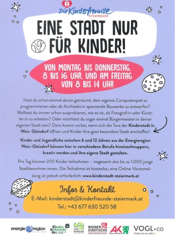A poster advertises 'A City Only for Children!' with dates and times from Monday to Friday. It invites children aged 6-12 to participate in various roles to create their own city. Registration is free, but an online sign-up is required. Contact info and website are provided.