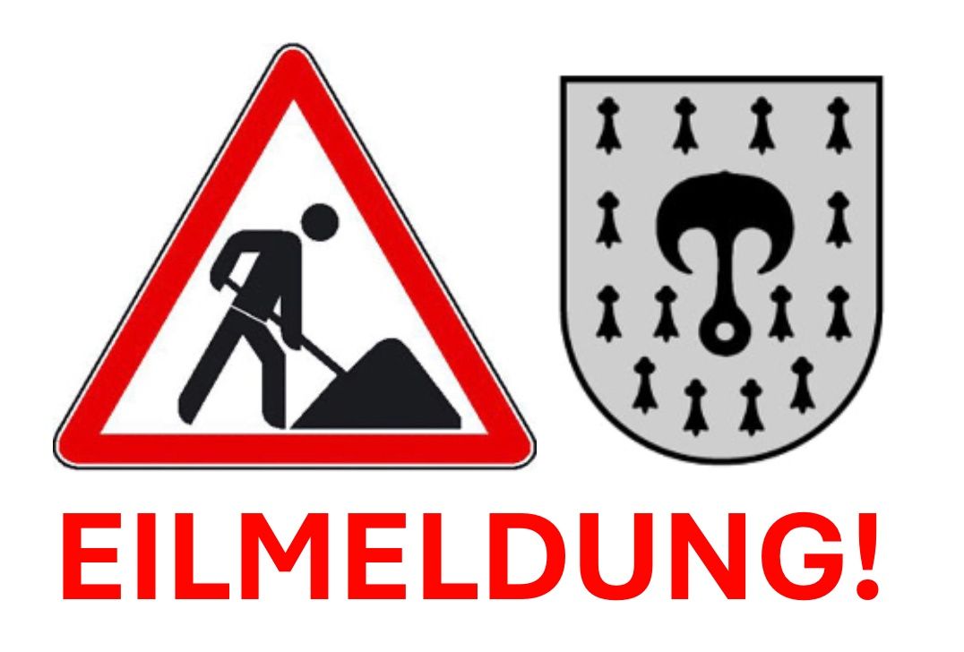 An image with a triangular sign showing a person digging and a coat of arms with mushrooms, with the word 'MELDUNG' underneath.