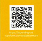 Ein gelber Hintergrund zeigt einen schwarzen QR-Code, gefolgt von einem Website-Link in weißer Schrift: https://jugendreport.typeform.com/oststeiermark.