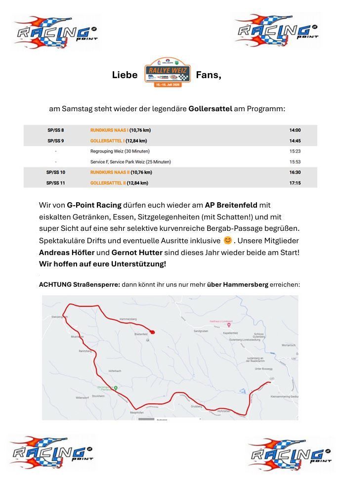 A rally schedule for Saturday features the legendary Gollersattel. The event includes various stages with times and distances. There is also a map showing the route.
